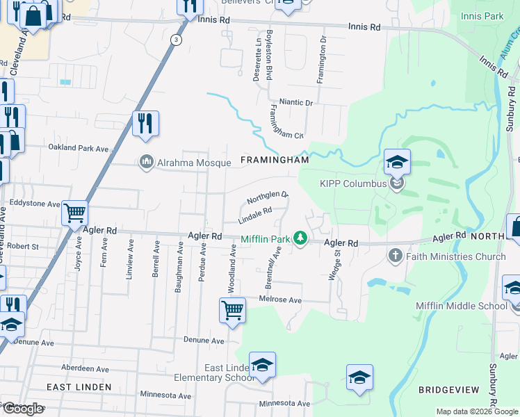 map of restaurants, bars, coffee shops, grocery stores, and more near 2388 Northglen Drive in Columbus