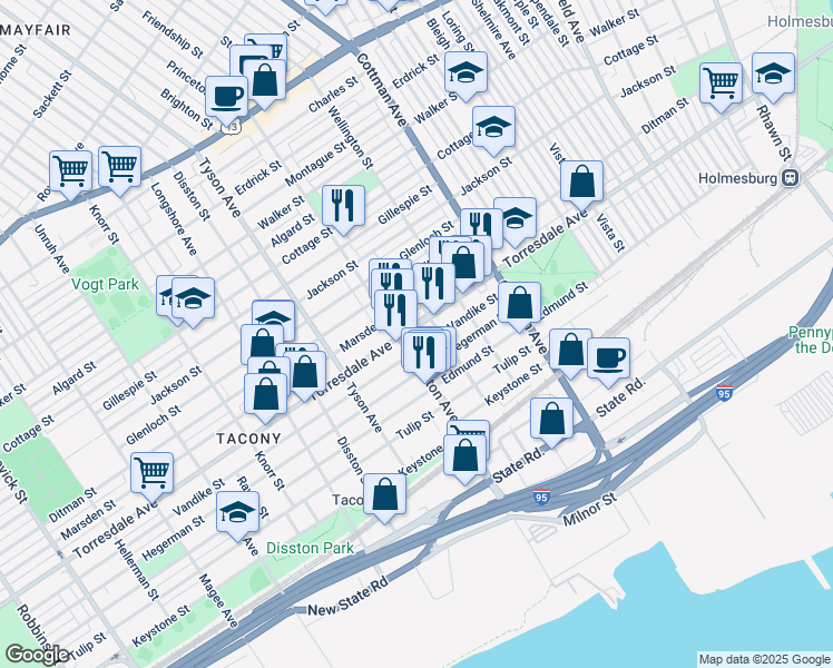 map of restaurants, bars, coffee shops, grocery stores, and more near 7113 Torresdale Avenue in Philadelphia