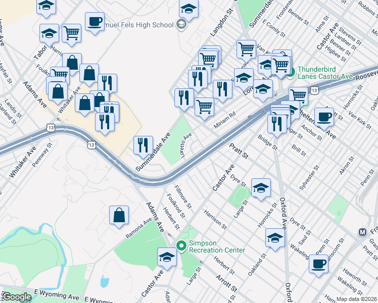 map of restaurants, bars, coffee shops, grocery stores, and more near 5025 Loretto Avenue in Philadelphia