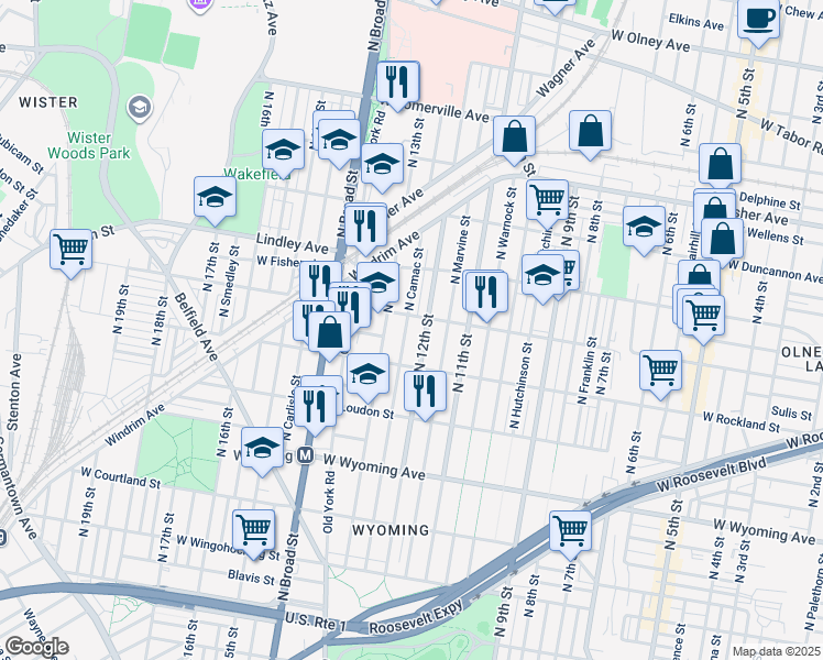 map of restaurants, bars, coffee shops, grocery stores, and more near 4929 North Camac Street in Philadelphia