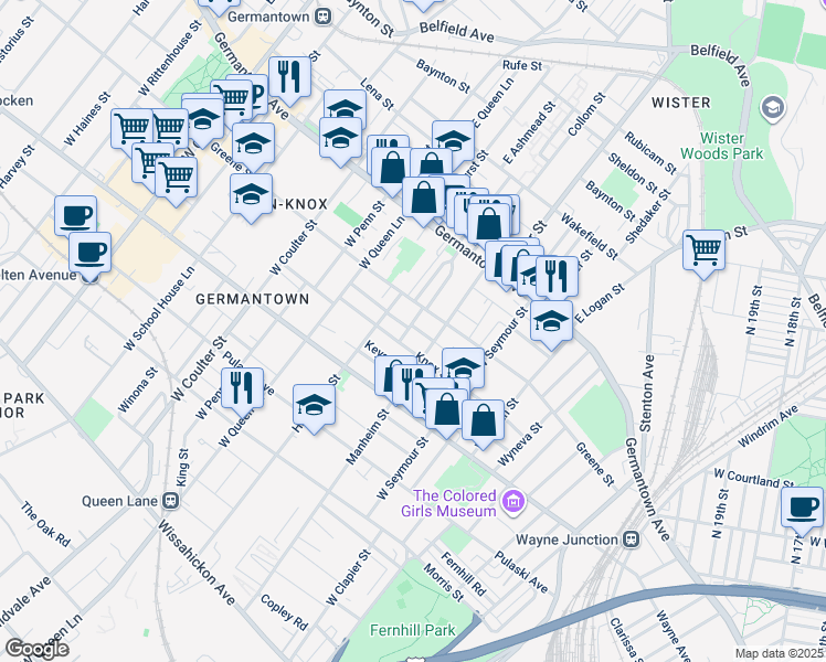 map of restaurants, bars, coffee shops, grocery stores, and more near 124 West Ashmead Street in Philadelphia