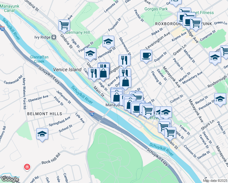 map of restaurants, bars, coffee shops, grocery stores, and more near 4534 Baker Street in Philadelphia