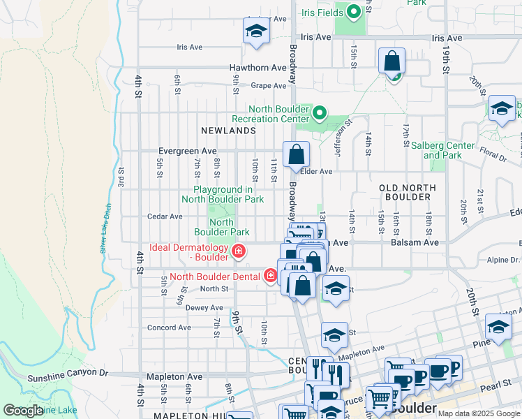 map of restaurants, bars, coffee shops, grocery stores, and more near 2957 11th Street in Boulder