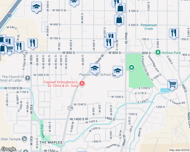 map of restaurants, bars, coffee shops, grocery stores, and more near 1025 Utah 198 in Payson
