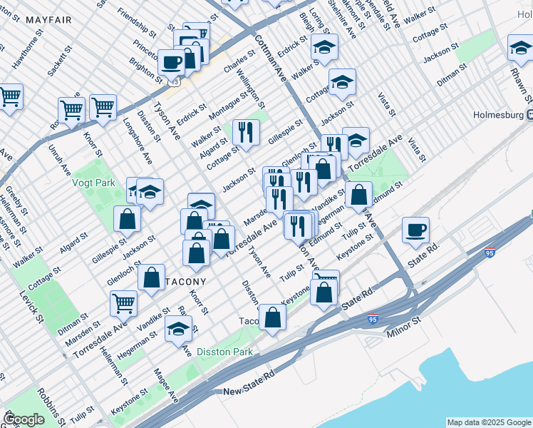 map of restaurants, bars, coffee shops, grocery stores, and more near 7037 Marsden Street in Philadelphia