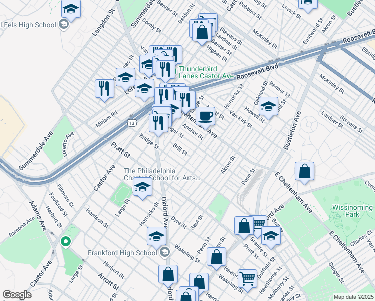 map of restaurants, bars, coffee shops, grocery stores, and more near 1143 Sanger Street in Philadelphia