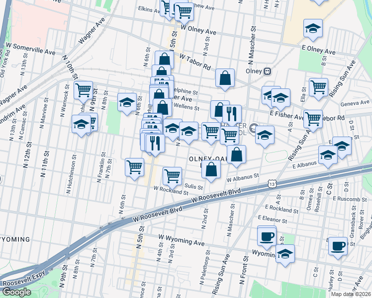 map of restaurants, bars, coffee shops, grocery stores, and more near 277 West Sheldon Street in Philadelphia