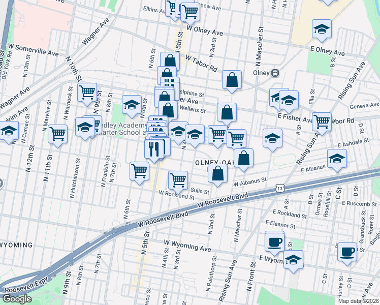 map of restaurants, bars, coffee shops, grocery stores, and more near 401 Lindley Avenue in Philadelphia