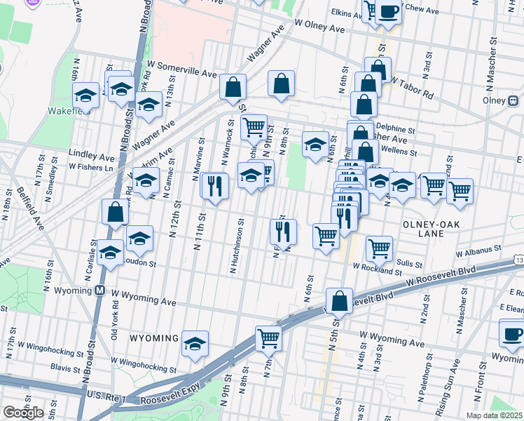map of restaurants, bars, coffee shops, grocery stores, and more near 5043 North 9th Street in Philadelphia