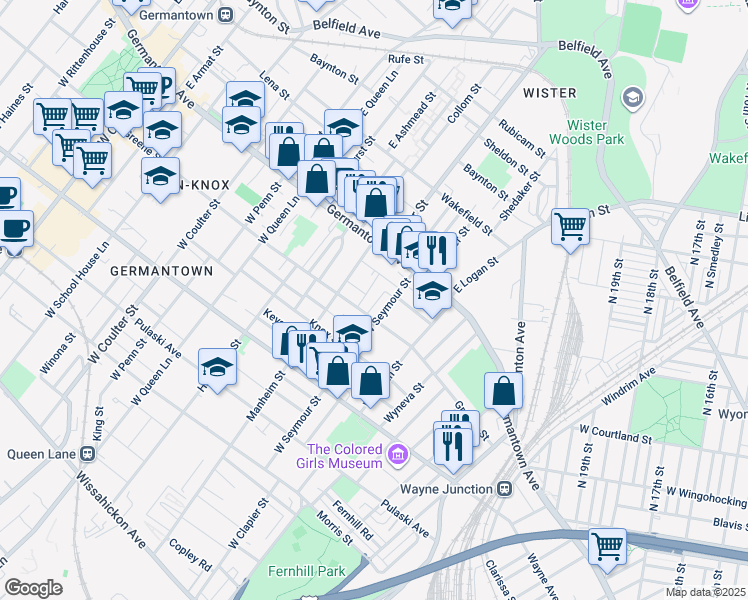 map of restaurants, bars, coffee shops, grocery stores, and more near 61 West Garfield Street in Philadelphia