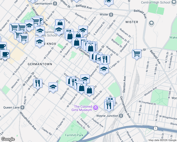 map of restaurants, bars, coffee shops, grocery stores, and more near 58 Manheim Street in Philadelphia
