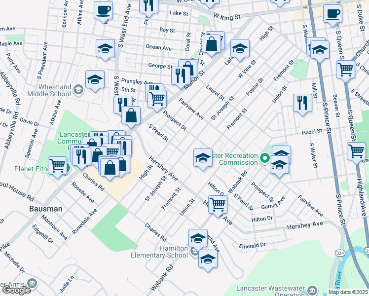 map of restaurants, bars, coffee shops, grocery stores, and more near 914 West Vine Street in Lancaster