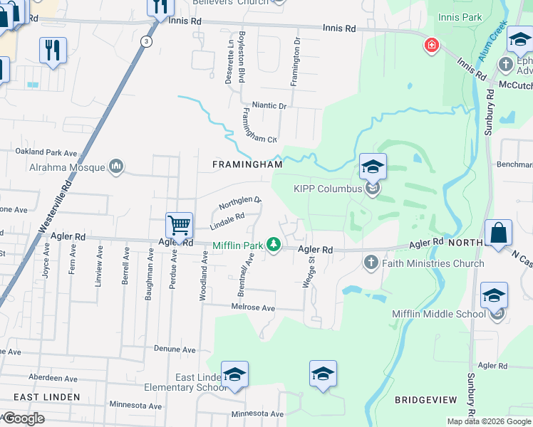 map of restaurants, bars, coffee shops, grocery stores, and more near 2915 Northglen Drive in Columbus