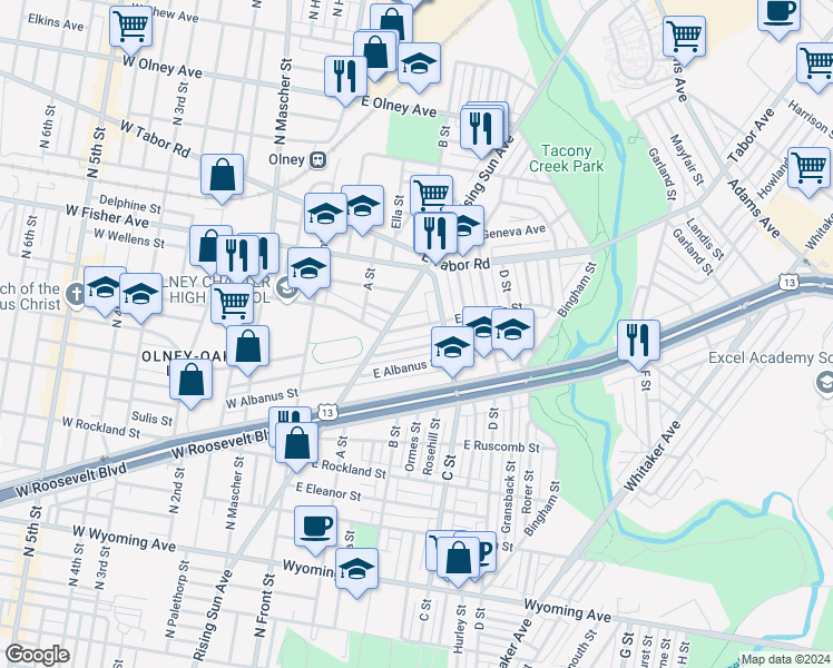 map of restaurants, bars, coffee shops, grocery stores, and more near 312 East Ashdale Street in Philadelphia