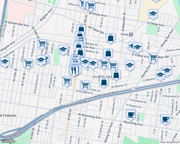 map of restaurants, bars, coffee shops, grocery stores, and more near 318 Lindley Avenue in Philadelphia