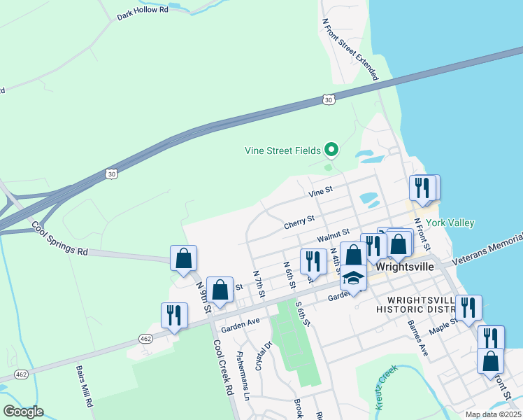 map of restaurants, bars, coffee shops, grocery stores, and more near 501 Hybla Road in Wrightsville