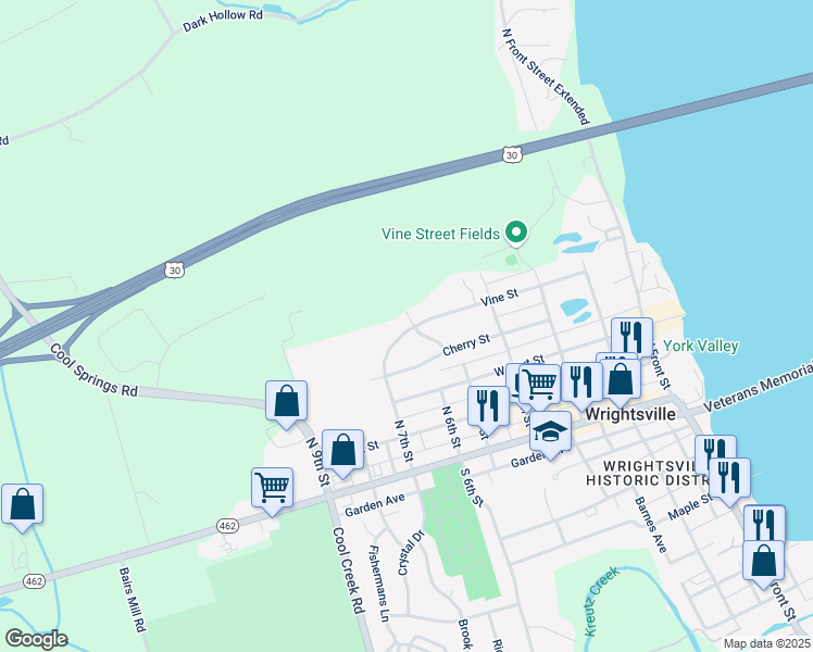 map of restaurants, bars, coffee shops, grocery stores, and more near 501 Hybla Road in Wrightsville