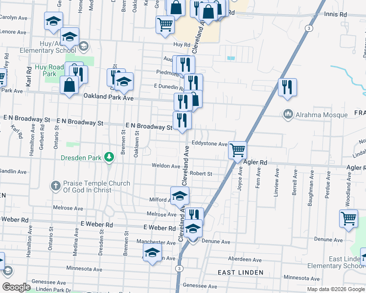 map of restaurants, bars, coffee shops, grocery stores, and more near 2977 Cleveland Avenue in Columbus