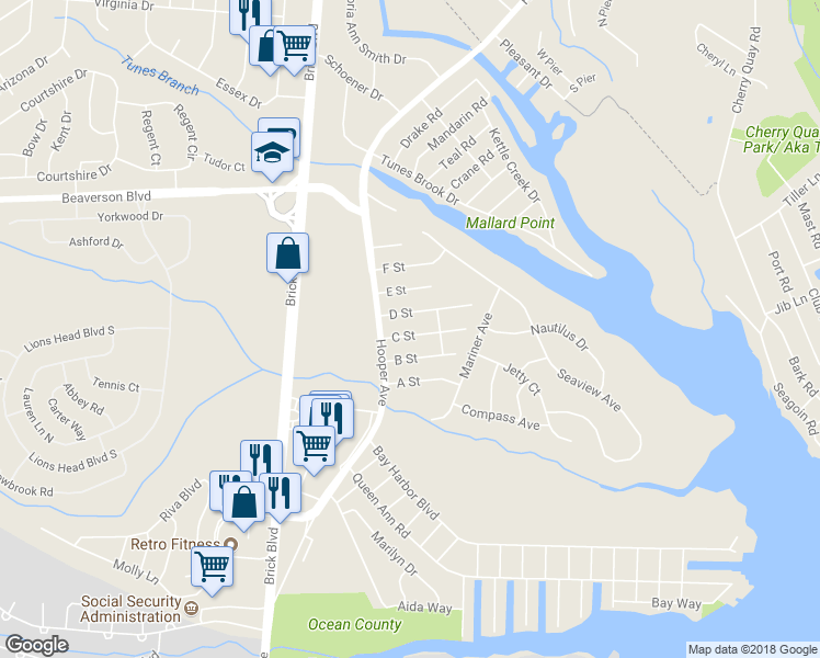 map of restaurants, bars, coffee shops, grocery stores, and more near 112 C Street in Brick