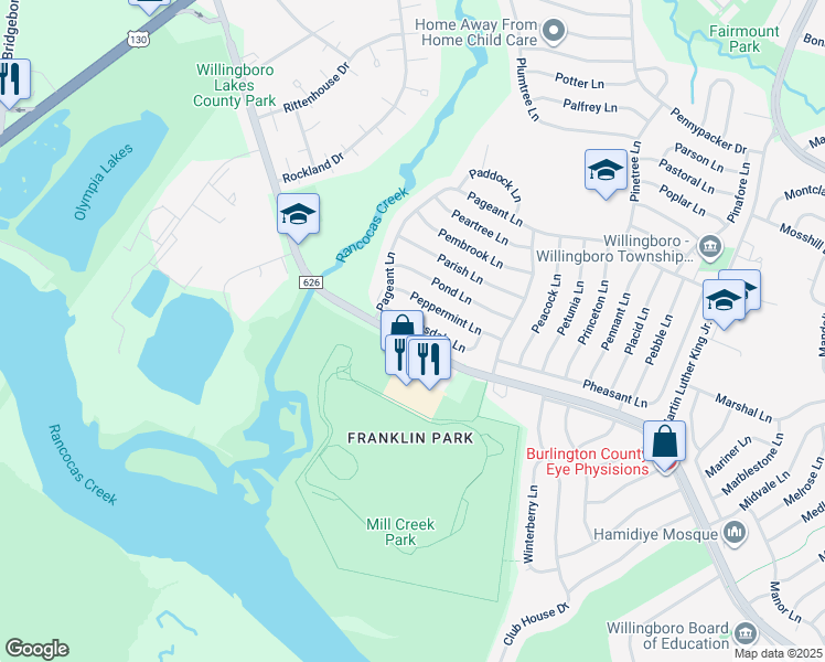 map of restaurants, bars, coffee shops, grocery stores, and more near 20 Pensdale Lane in Willingboro