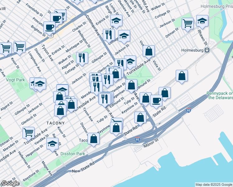 map of restaurants, bars, coffee shops, grocery stores, and more near 7162 Hegerman Street in Philadelphia