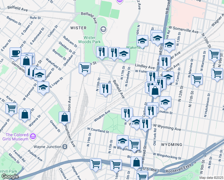 map of restaurants, bars, coffee shops, grocery stores, and more near 4862 North Bouvier Street in Philadelphia