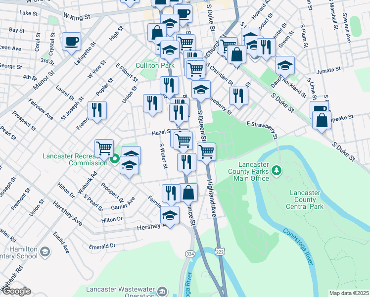 map of restaurants, bars, coffee shops, grocery stores, and more near 545 South Prince Street in Lancaster