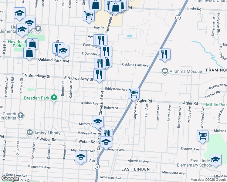 map of restaurants, bars, coffee shops, grocery stores, and more near 1861 Eddystone Avenue in Columbus
