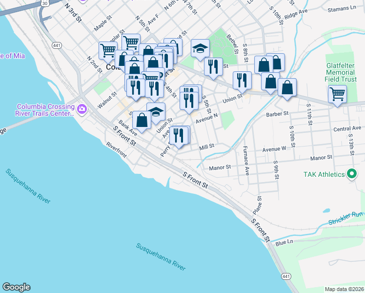 map of restaurants, bars, coffee shops, grocery stores, and more near 337 South 3rd Street in Columbia
