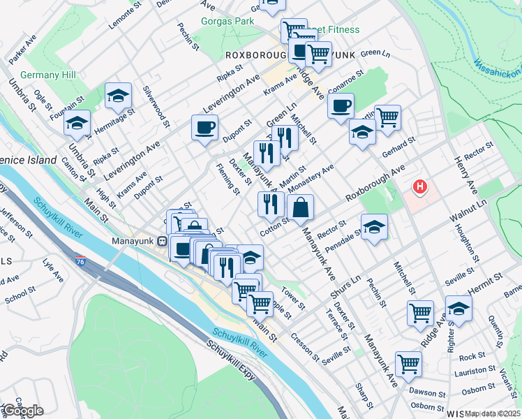 map of restaurants, bars, coffee shops, grocery stores, and more near 4372 Dexter Street in Philadelphia