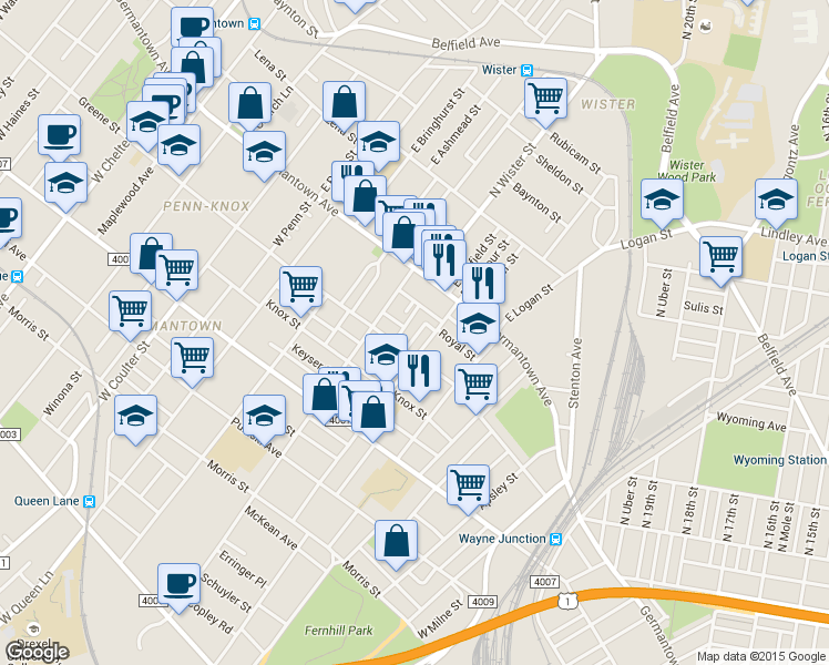 map of restaurants, bars, coffee shops, grocery stores, and more near 61 West Garfield Street in Philadelphia