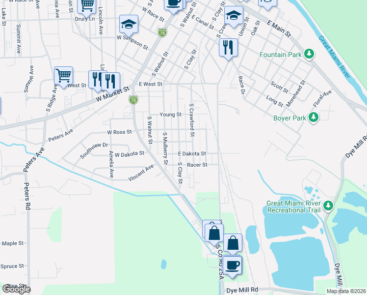 map of restaurants, bars, coffee shops, grocery stores, and more near 917 South Clay Street in Troy