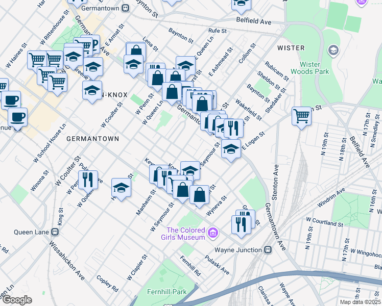 map of restaurants, bars, coffee shops, grocery stores, and more near 5033 Greene Street in Philadelphia