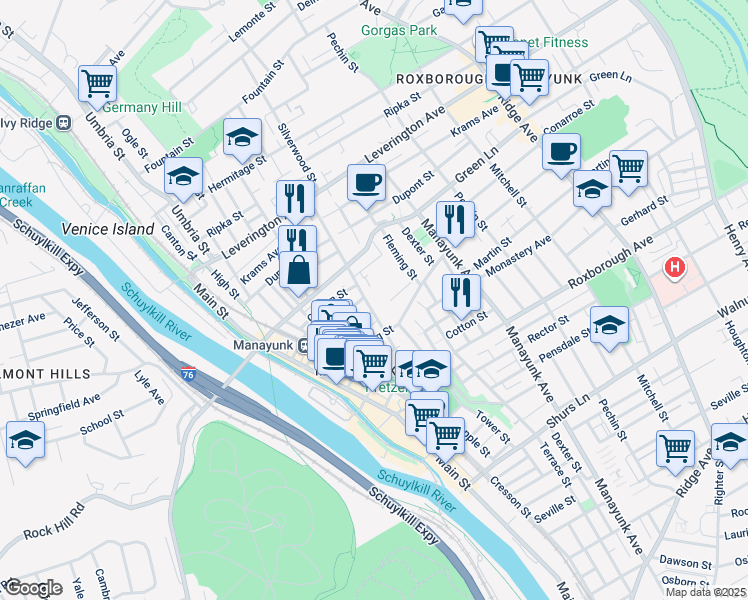 map of restaurants, bars, coffee shops, grocery stores, and more near 4441 Silverwood Street in Philadelphia