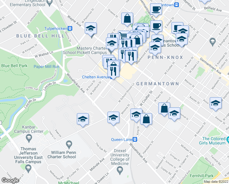 map of restaurants, bars, coffee shops, grocery stores, and more near 5530 Morris Street in Philadelphia