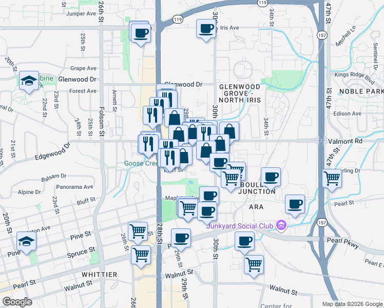 map of restaurants, bars, coffee shops, grocery stores, and more near 2850 29th Street in Boulder