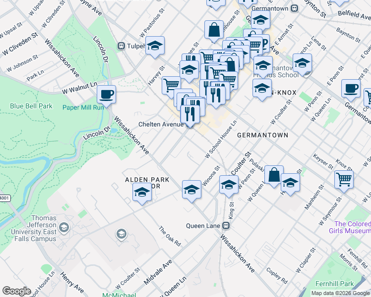 map of restaurants, bars, coffee shops, grocery stores, and more near 400 West Chelten Avenue in Philadelphia