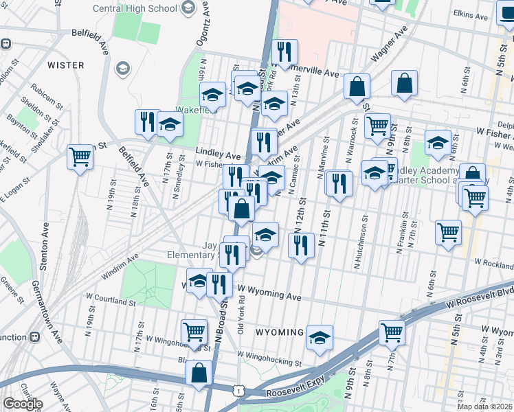 map of restaurants, bars, coffee shops, grocery stores, and more near 4929 Old York Road in Philadelphia
