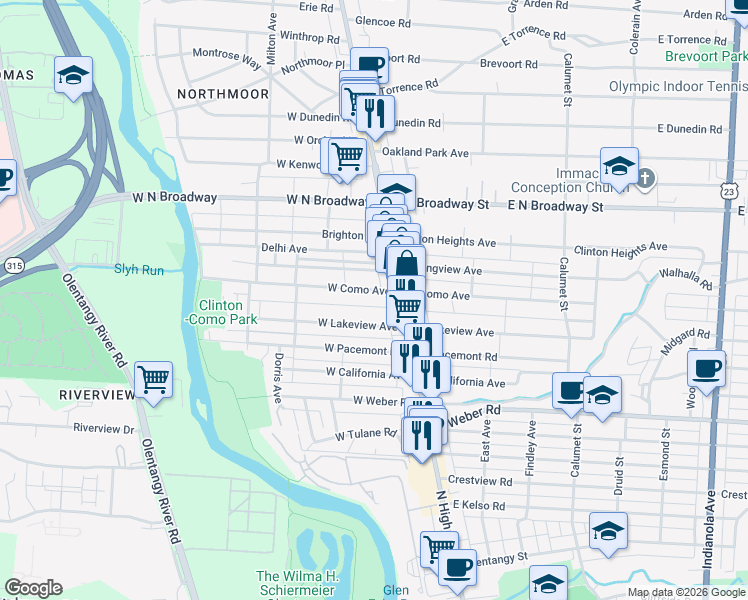 map of restaurants, bars, coffee shops, grocery stores, and more near 28-30 East Como Avenue in Columbus