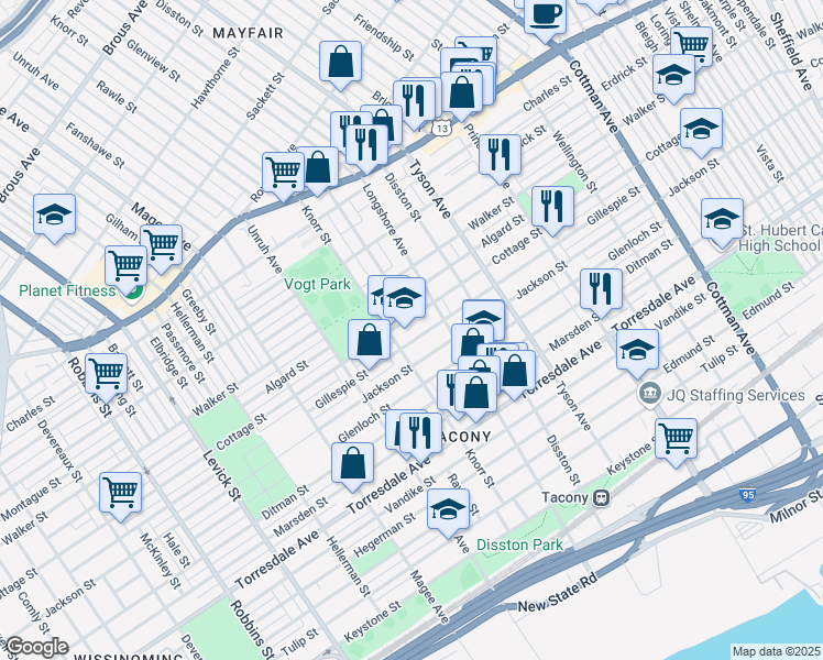 map of restaurants, bars, coffee shops, grocery stores, and more near 6801 Cottage Street in Philadelphia