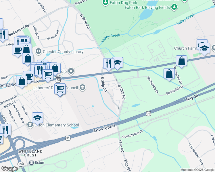 map of restaurants, bars, coffee shops, grocery stores, and more near 690 Lincoln Highway in Exton