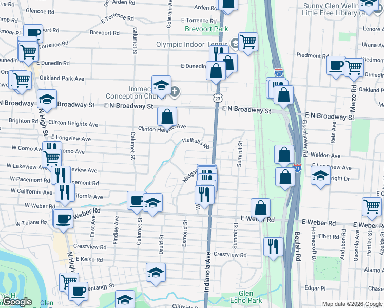 map of restaurants, bars, coffee shops, grocery stores, and more near 455 Walhalla Road in Columbus