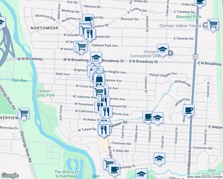 map of restaurants, bars, coffee shops, grocery stores, and more near 77 East Longview Avenue in Columbus