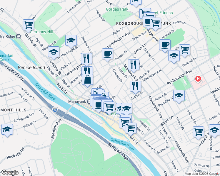 map of restaurants, bars, coffee shops, grocery stores, and more near 327 Carson Street in Philadelphia
