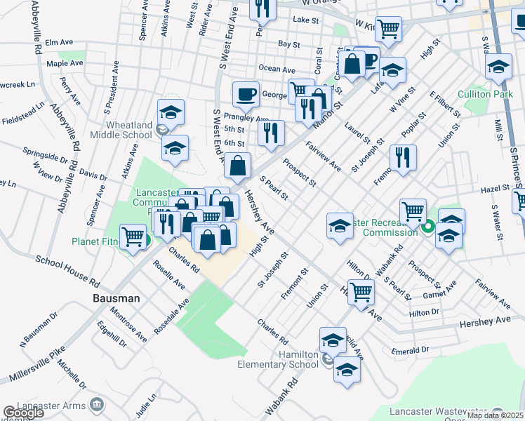 map of restaurants, bars, coffee shops, grocery stores, and more near 63 Hershey Avenue in Lancaster