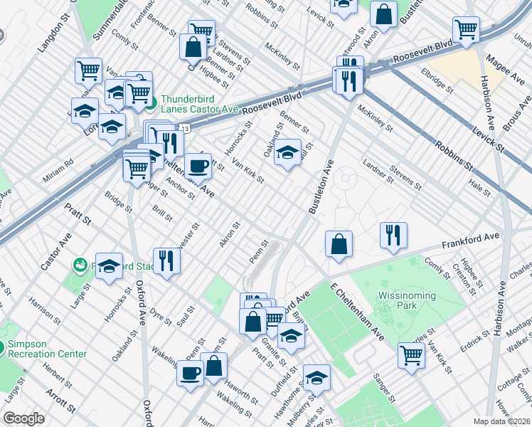 map of restaurants, bars, coffee shops, grocery stores, and more near 5835 Saul Street in Philadelphia