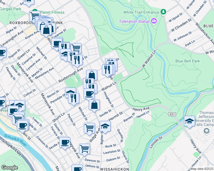 map of restaurants, bars, coffee shops, grocery stores, and more near 616 Walnut Lane in Philadelphia