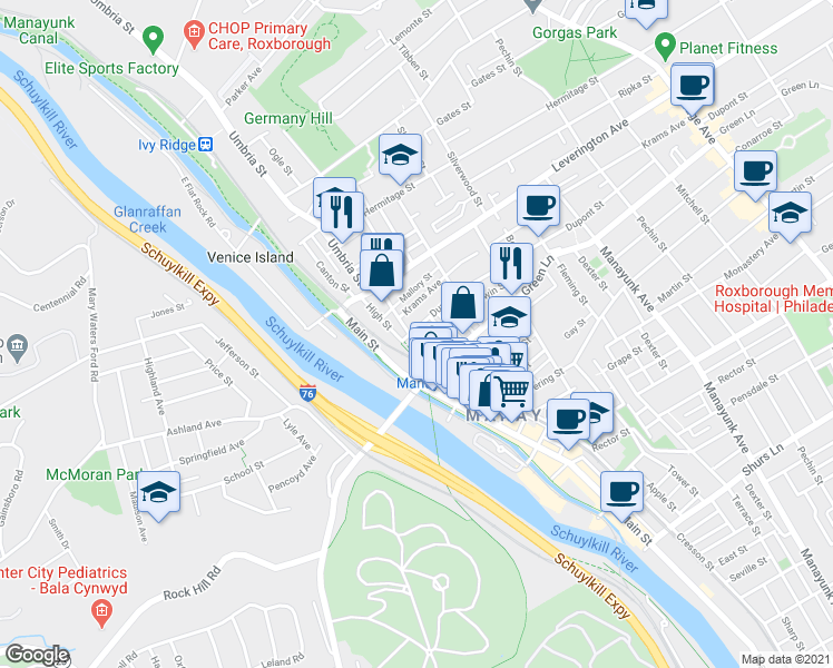 map of restaurants, bars, coffee shops, grocery stores, and more near 129 Dupont Street in Philadelphia