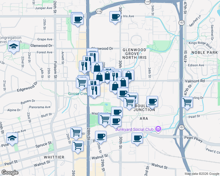 map of restaurants, bars, coffee shops, grocery stores, and more near 2940 Valmont Road in Boulder