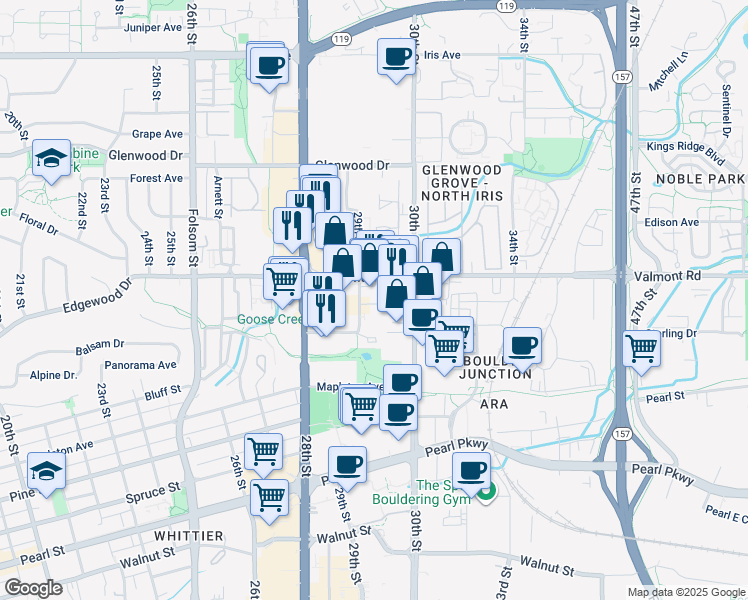 map of restaurants, bars, coffee shops, grocery stores, and more near 2940 Valmont Road in Boulder